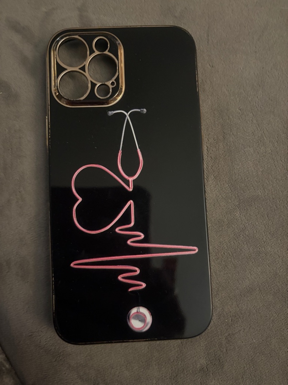 Black Phone Case with Pink Stethoscope Heart Design
